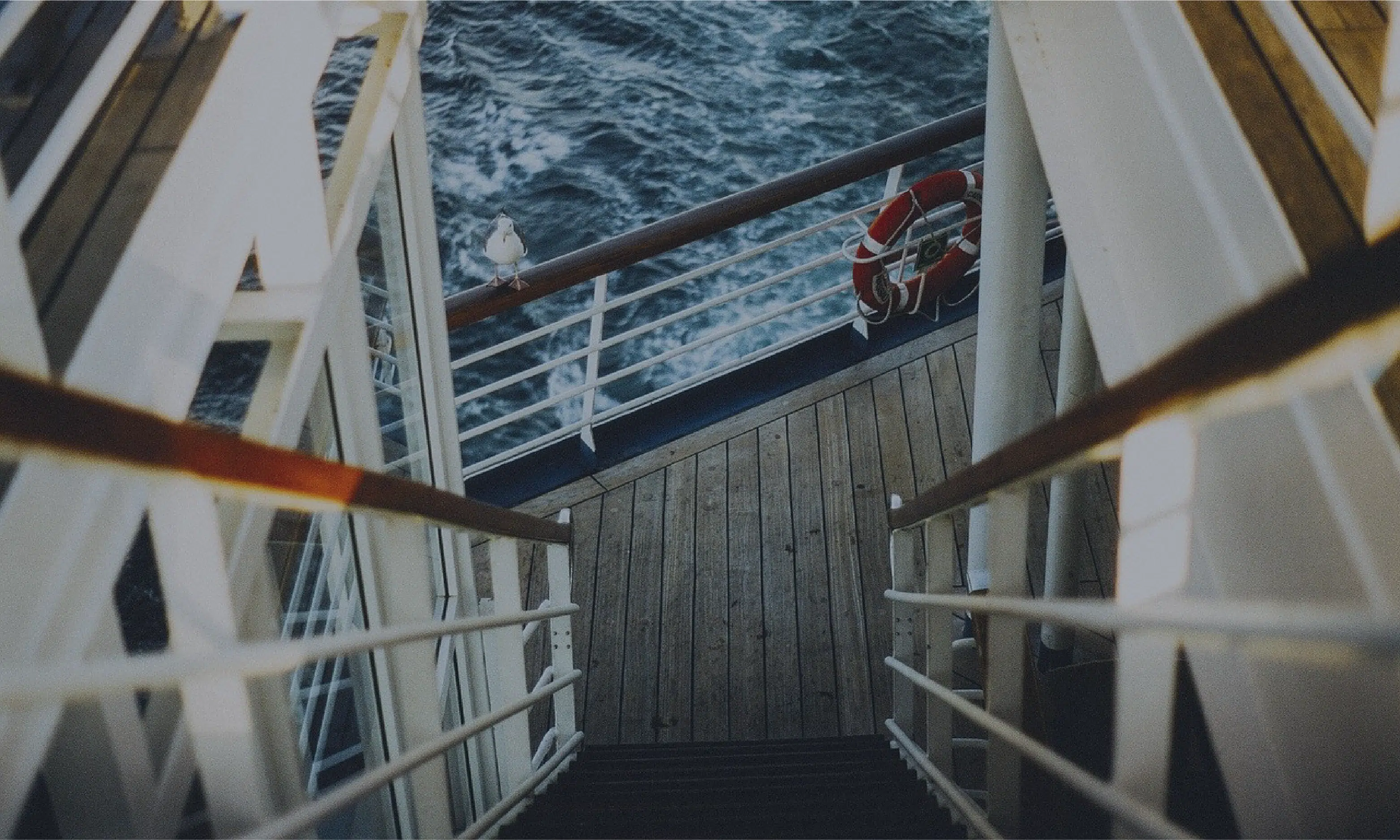 Narrow stairs leading to the deck of a river barge